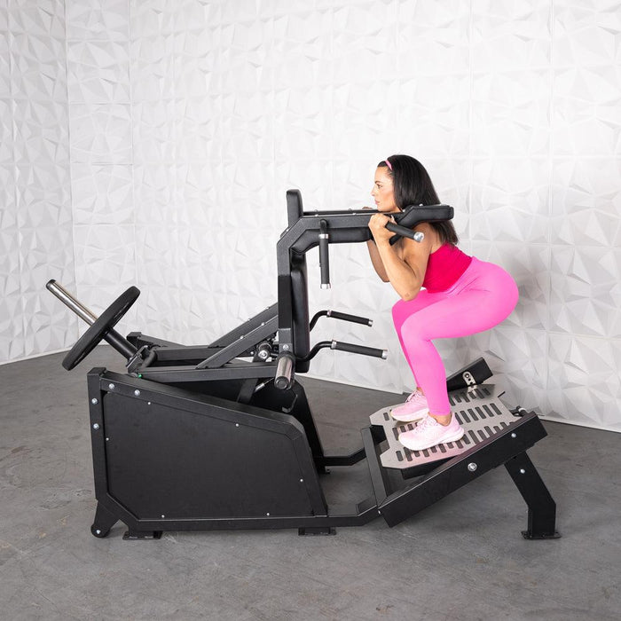 Excel Glute Line Hack Squat / Front Squat - Muscle D Fitness - Plate Load Squat Machine - Counter Balanced - Plate Storage Pegs - Sweatfully