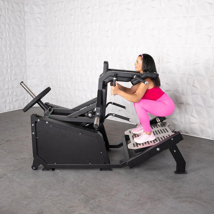 Excel Glute Line Hack Squat / Front Squat - Muscle D Fitness - Plate Load Squat Machine - Counter Balanced - Plate Storage Pegs - Sweatfully