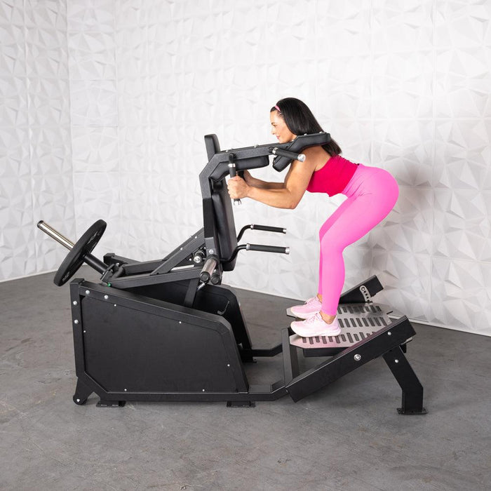 Excel Glute Line Hack Squat / Front Squat - Muscle D Fitness - Plate Load Squat Machine - Counter Balanced - Plate Storage Pegs - Sweatfully