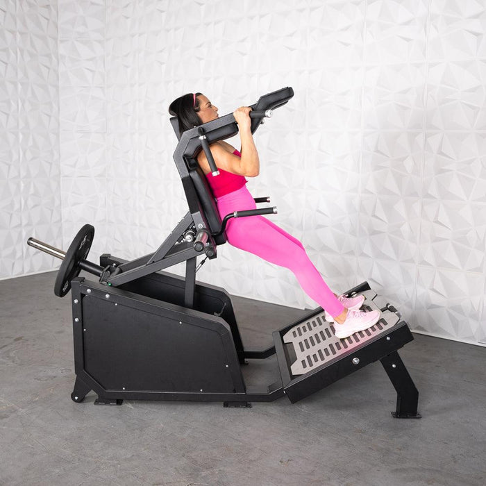 Excel Glute Line Hack Squat / Front Squat - Muscle D Fitness - Plate Load Squat Machine - Counter Balanced - Plate Storage Pegs - Sweatfully