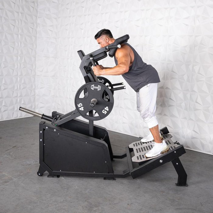 Excel Glute Line Hack Squat / Front Squat - Muscle D Fitness - Plate Load Squat Machine - Counter Balanced - Plate Storage Pegs - Sweatfully