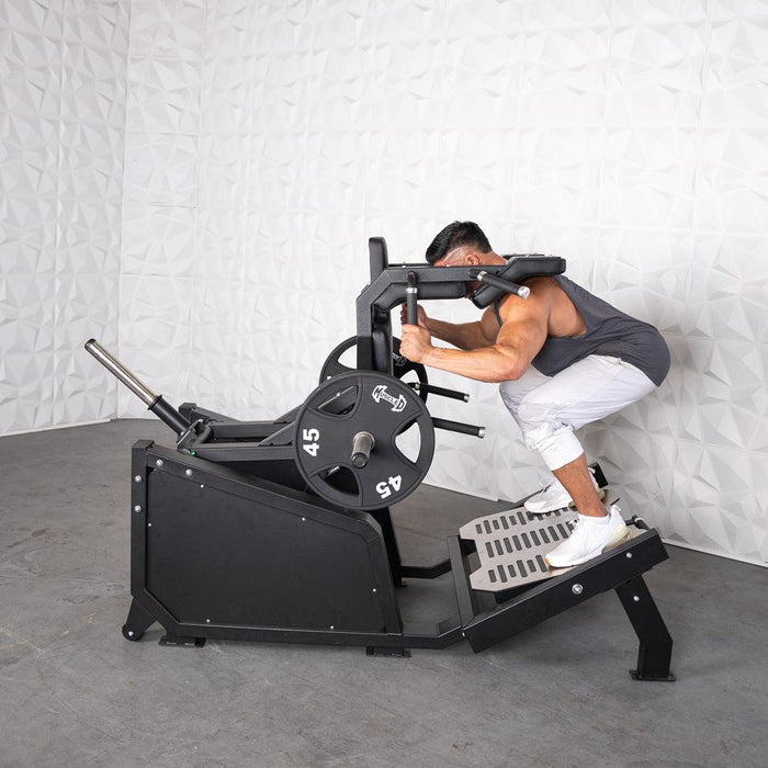 Excel Glute Line Hack Squat / Front Squat - Muscle D Fitness - Plate Load Squat Machine - Counter Balanced - Plate Storage Pegs - Sweatfully