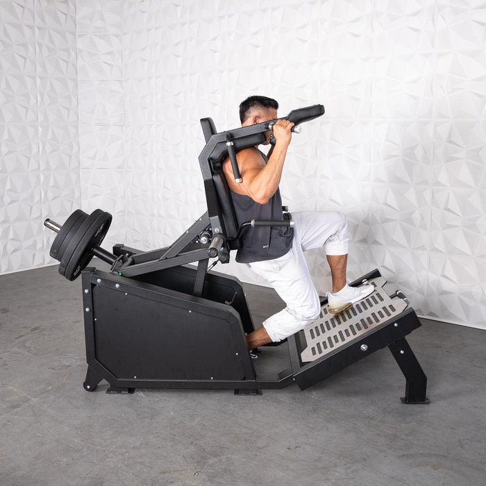 Excel Glute Line Hack Squat / Front Squat - Muscle D Fitness - Plate Load Squat Machine - Counter Balanced - Plate Storage Pegs - Sweatfully