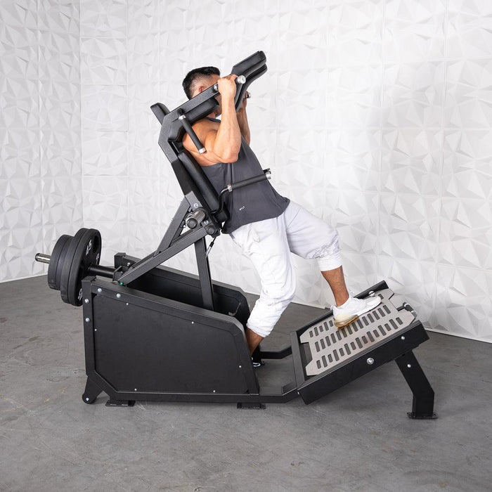 Excel Glute Line Hack Squat / Front Squat - Muscle D Fitness - Plate Load Squat Machine - Counter Balanced - Plate Storage Pegs - Sweatfully