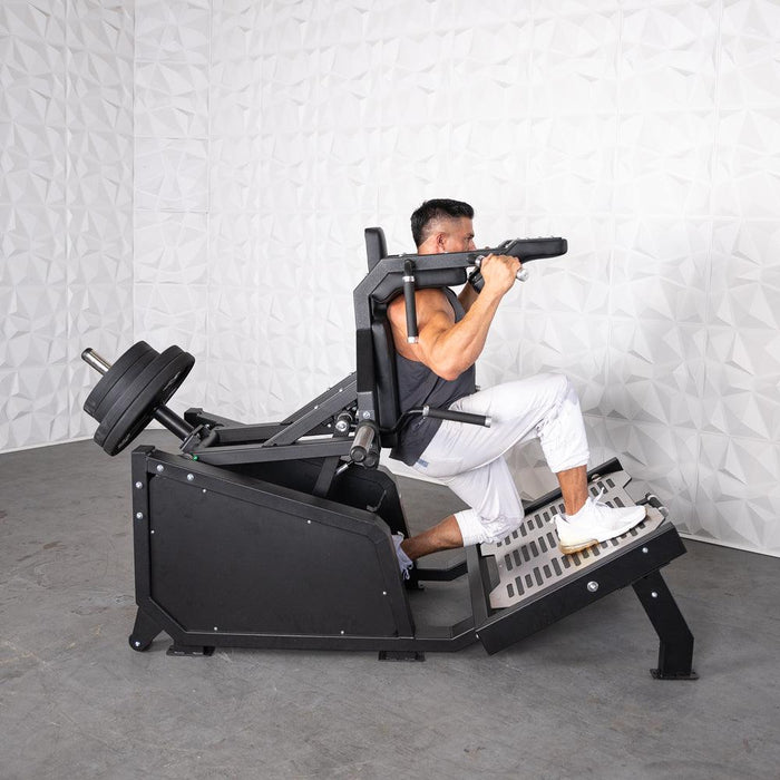 Excel Glute Line Hack Squat / Front Squat - Muscle D Fitness - Plate Load Squat Machine - Counter Balanced - Plate Storage Pegs - Sweatfully