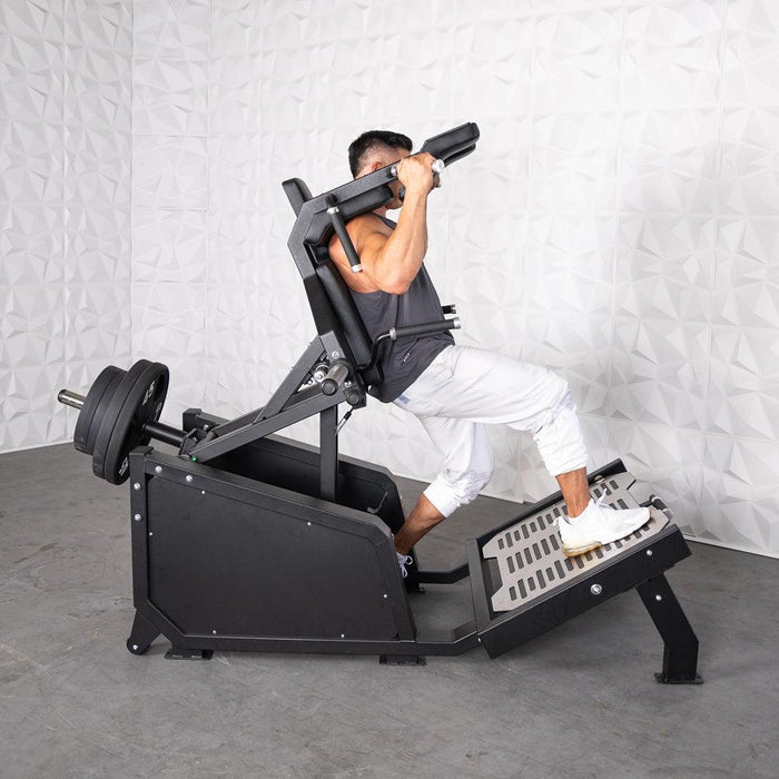 Excel Glute Line Hack Squat / Front Squat - Muscle D Fitness - Plate Load Squat Machine - Counter Balanced - Plate Storage Pegs - Sweatfully