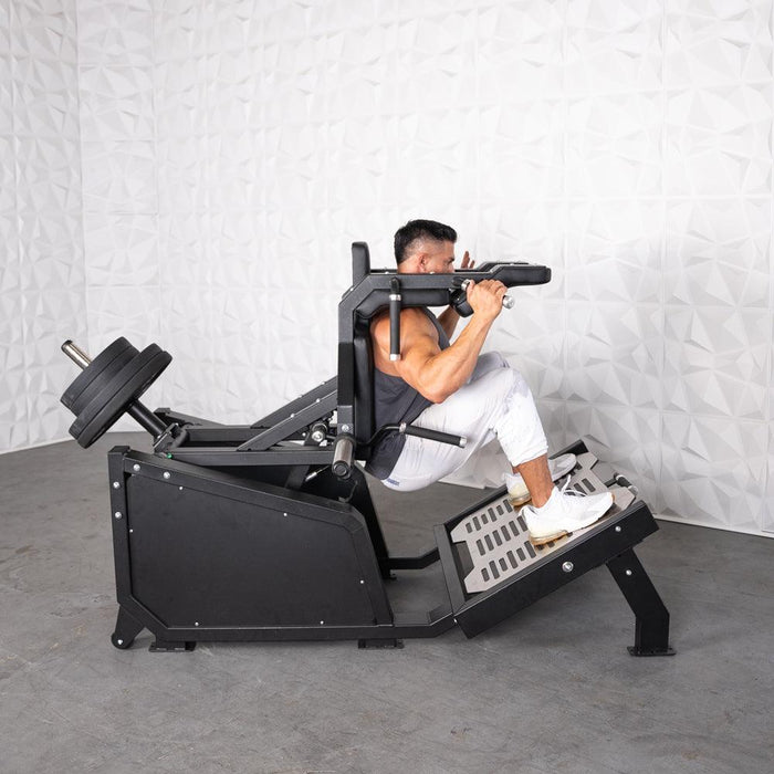 Excel Glute Line Hack Squat / Front Squat - Muscle D Fitness - Plate Load Squat Machine - Counter Balanced - Plate Storage Pegs - Sweatfully
