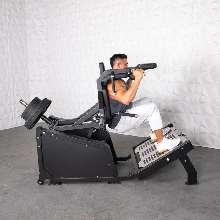 Excel Glute Line Hack Squat / Front Squat - Muscle D Fitness - Plate Load Squat Machine - Counter Balanced - Plate Storage Pegs - Sweatfully
