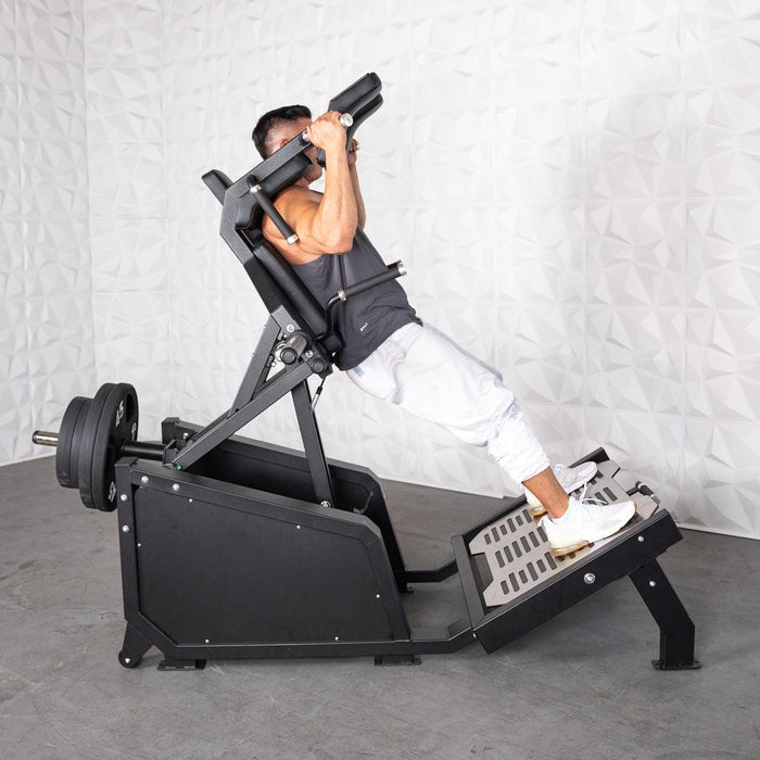 Excel Glute Line Hack Squat / Front Squat - Muscle D Fitness - Plate Load Squat Machine - Counter Balanced - Plate Storage Pegs - Sweatfully