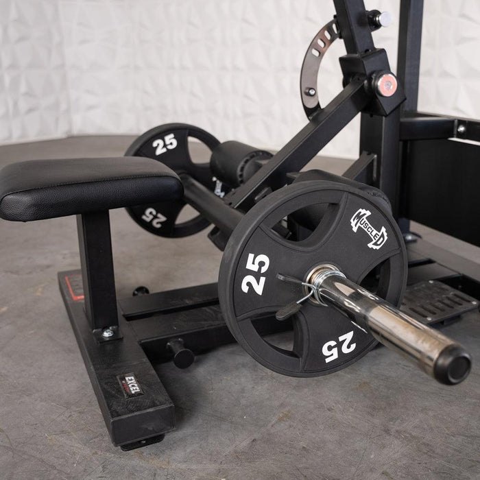 Excel Standing Hip Thrust - Muscle D Fitness - Plate Load Extension - Band Compatible - Adjustable Pads - Sweatfully