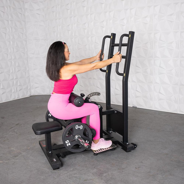 Excel Standing Hip Thrust - Muscle D Fitness - Plate Load Extension - Band Compatible - Adjustable Pads - Sweatfully