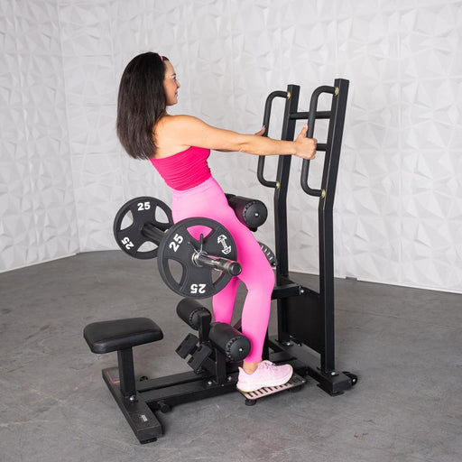 Excel Standing Hip Thrust - Muscle D Fitness - Plate Load Extension - Band Compatible - Adjustable Pads - Sweatfully