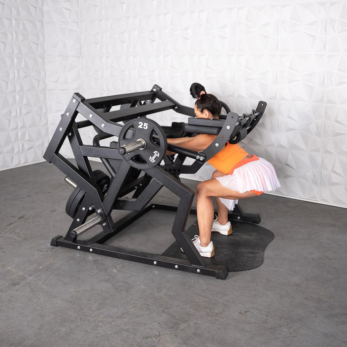 Excel Power Hack Squat - Muscle D Fitness - Plate Load Heavy Squat Machine - Weight Storage Pegs - Safety Stop - Sweatfully