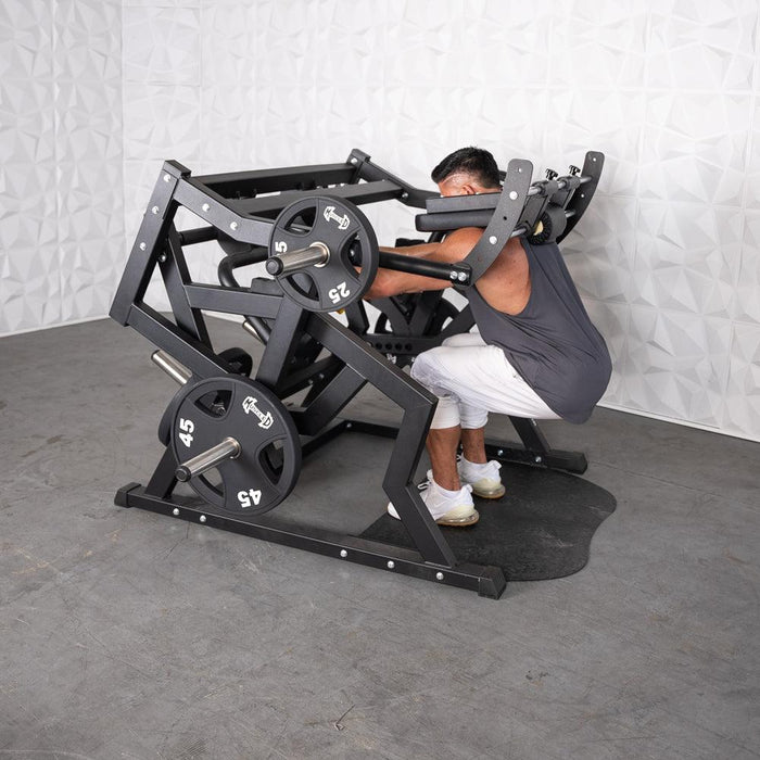 Excel Power Hack Squat - Muscle D Fitness - Plate Load Heavy Squat Machine - Weight Storage Pegs - Safety Stop - Sweatfully