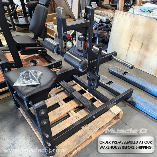 Excel Seated Calf Raise - Muscle D Fitness - Plate Load Foot Extension - Adjustable Roller Pads - Sweatfully