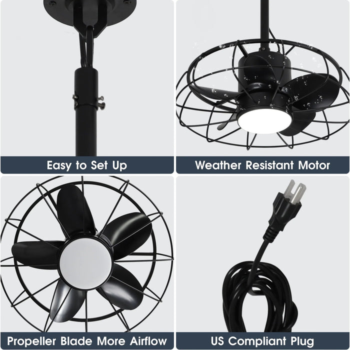 20 Inch Vistula Outdoor DC Motor Black Industrial Hanging Buckle Downrod Ceiling Fan with Light - Sweatfully