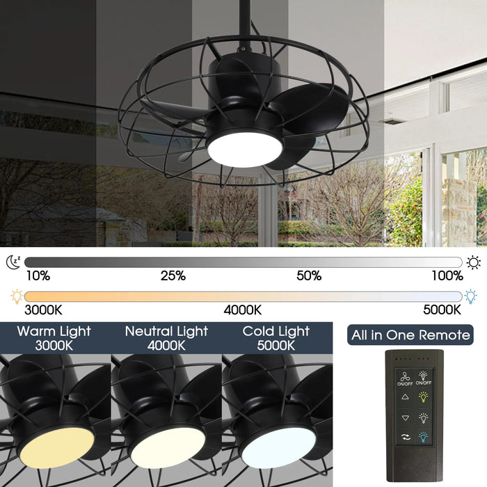 20 Inch Vistula Outdoor DC Motor Black Industrial Hanging Buckle Downrod Ceiling Fan with Light - Sweatfully