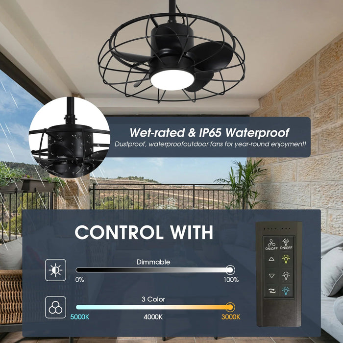 20 Inch Vistula Outdoor DC Motor Black Industrial Hanging Buckle Downrod Ceiling Fan with Light - Sweatfully