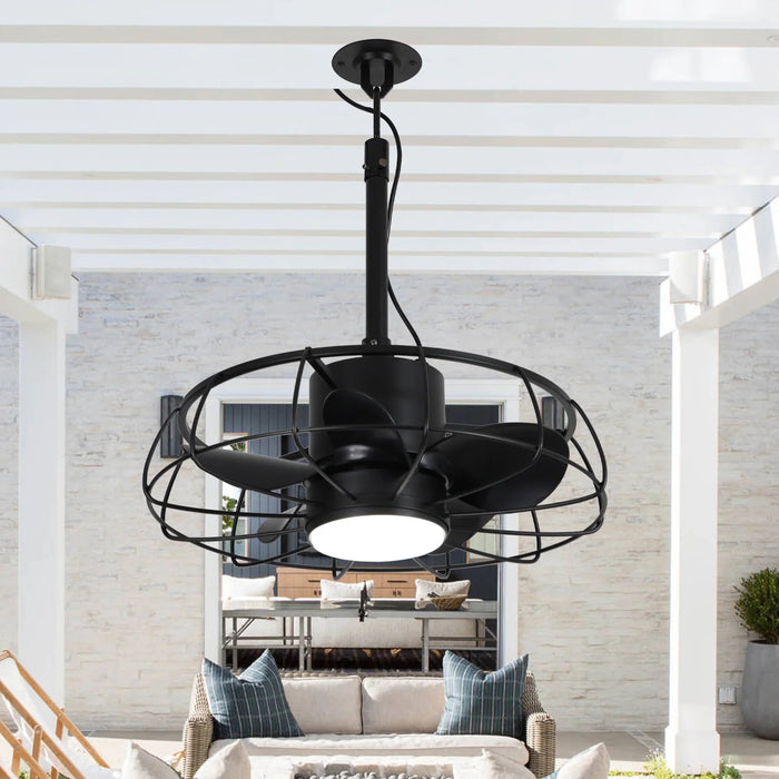 20 Inch Vistula Outdoor DC Motor Black Industrial Hanging Buckle Downrod Ceiling Fan with Light - Sweatfully