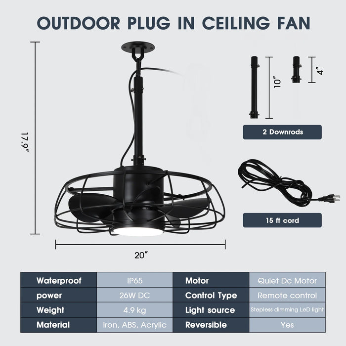 20 Inch Vistula Outdoor DC Motor Black Industrial Hanging Buckle Downrod Ceiling Fan with Light - Sweatfully