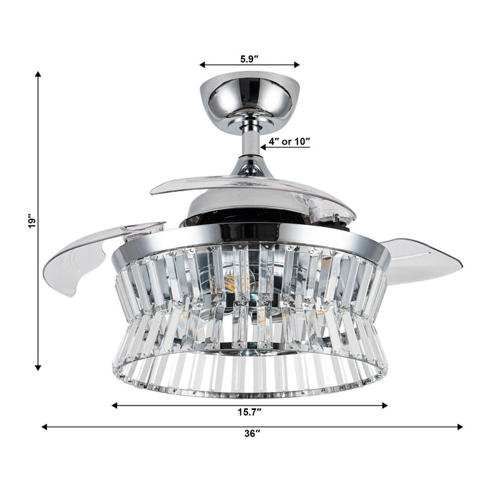36" Prayag Modern Downrod Mount Crystal Ceiling Fan with Lighting and Remote Control - Sweatfully