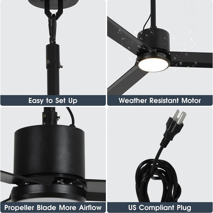 42 Inch Rhine Indoor/Wet Outdoor IP65 Black Anywhere Waterproof Ceiling Fan with LED Light and Convenient Hanging Hook - Sweatfully