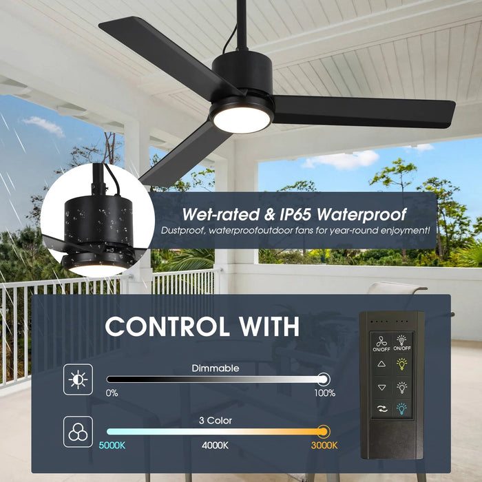 42 Inch Rhine Indoor/Wet Outdoor IP65 Black Anywhere Waterproof Ceiling Fan with LED Light and Convenient Hanging Hook - Sweatfully