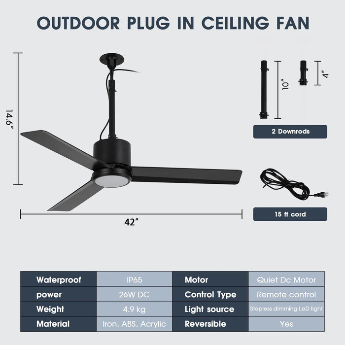 42 Inch Rhine Indoor/Wet Outdoor IP65 Black Anywhere Waterproof Ceiling Fan with LED Light and Convenient Hanging Hook - Sweatfully