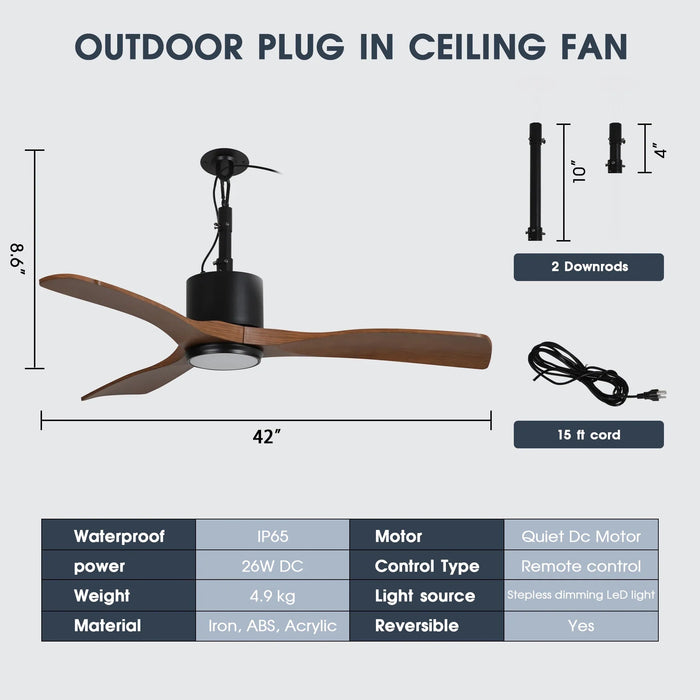 42 Inch Patio Guard IP65 Outdoor DC Motor Black Modern Hanging Buckle Downrod Ceiling Fan with Light - Sweatfully