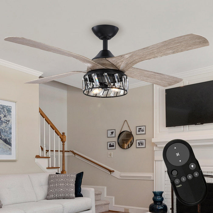 52" Tata Nagar Farmhouse Downrod Mount Reversible Crystal Ceiling Fan with Lighting and Remote Control - Sweatfully
