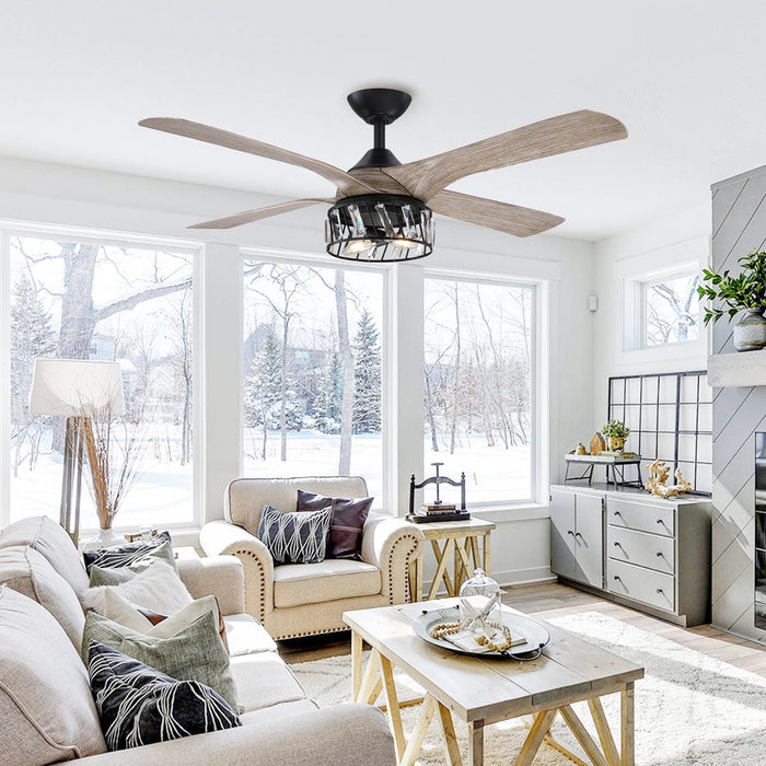 52" Tata Nagar Farmhouse Downrod Mount Reversible Crystal Ceiling Fan with Lighting and Remote Control - Sweatfully
