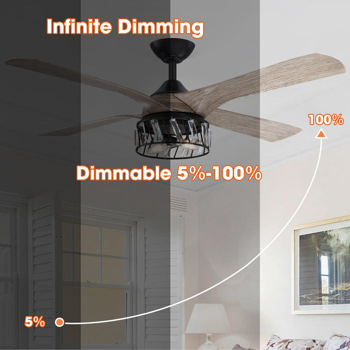 52" Tata Nagar Farmhouse Downrod Mount Reversible Crystal Ceiling Fan with Lighting and Remote Control - Sweatfully