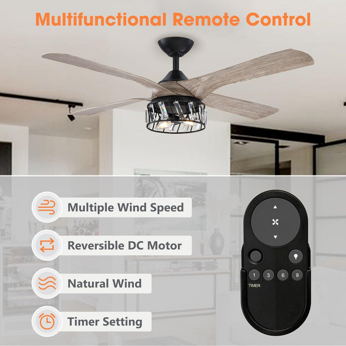 52" Tata Nagar Farmhouse Downrod Mount Reversible Crystal Ceiling Fan with Lighting and Remote Control - Sweatfully