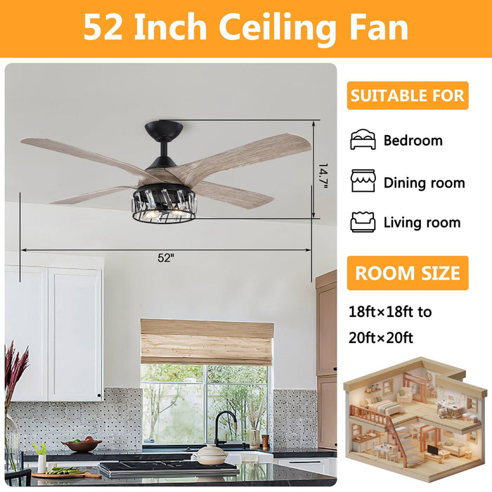 52" Tata Nagar Farmhouse Downrod Mount Reversible Crystal Ceiling Fan with Lighting and Remote Control - Sweatfully