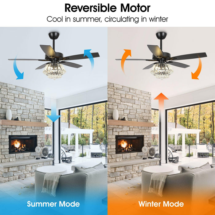 52" Kerala Modern Chrome Downrod Mount Reversible Crystal Ceiling Fan with Lighting and Remote Control - Sweatfully