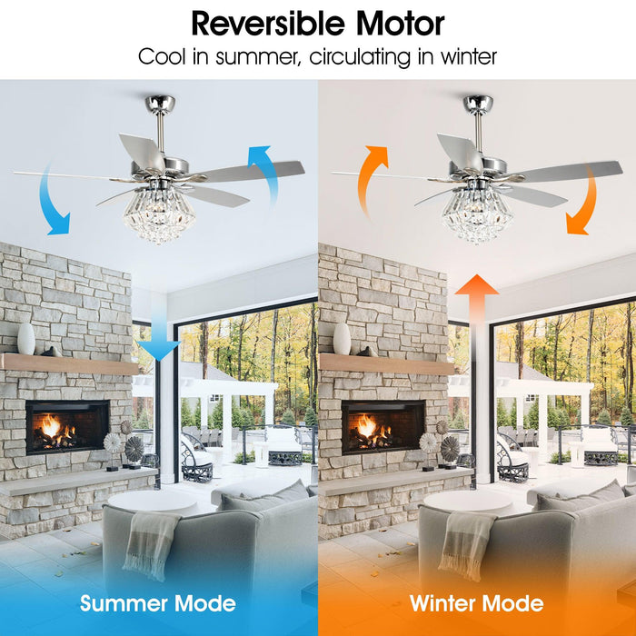 52" Kerala Modern Chrome Downrod Mount Reversible Crystal Ceiling Fan with Lighting and Remote Control - Sweatfully