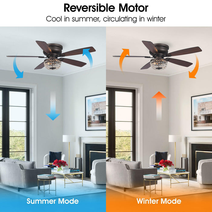 48" Modern Flush Mount Reversible Crytsal Ceiling Fan with Lighting and Remote Control - Sweatfully