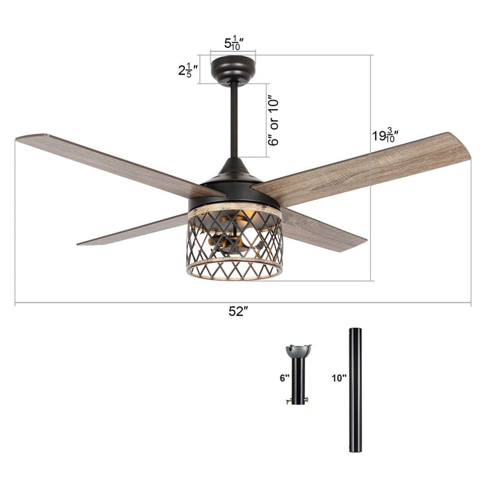 52" Mirelle Farmhouse Downrod Mount Reversible Ceiling Fan with Lighting and Remote Control - Sweatfully