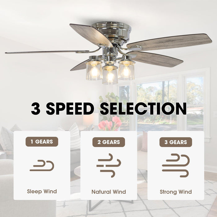 52" Bangatore Traditional Chrome Flush Mount Reversible Ceiling Fan with Lighting and Remote Control - Sweatfully