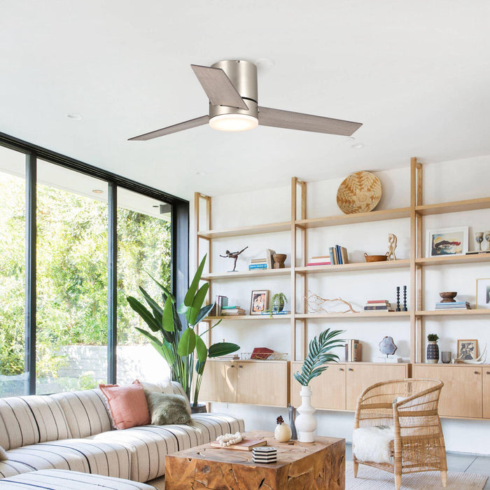 48" Satin Nickel Flush Mount Low Profile Ceiling Fan with LED Lighting - Sweatfully