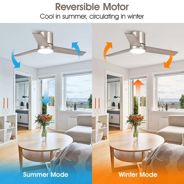 48" Satin Nickel Flush Mount Low Profile Ceiling Fan with LED Lighting - Sweatfully