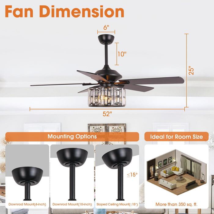 52" Dicken Modern Downrod Mount Reversible Crystal Ceiling Fan with Lighting and Remote Control - Sweatfully