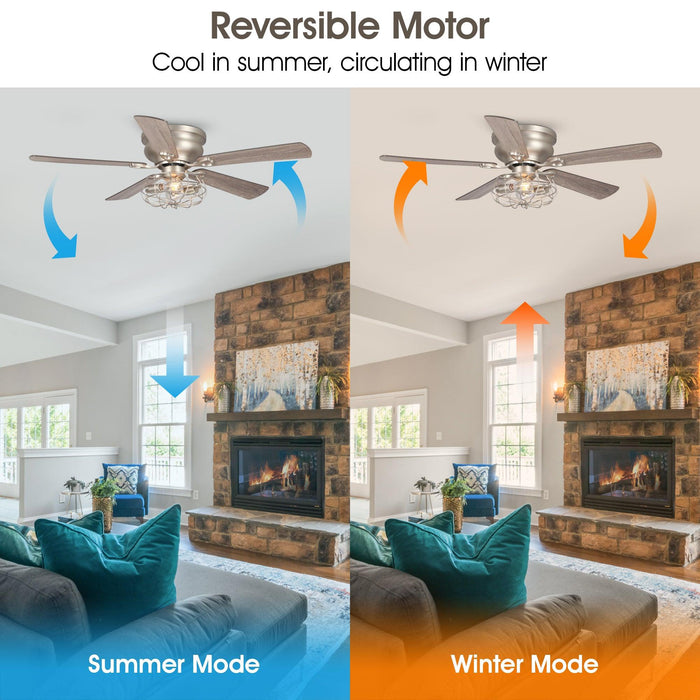 48" Thurber Industrial Satin Nickel Flush Mount Reversible Ceiling Fan with Lighting and Remote Control - Sweatfully