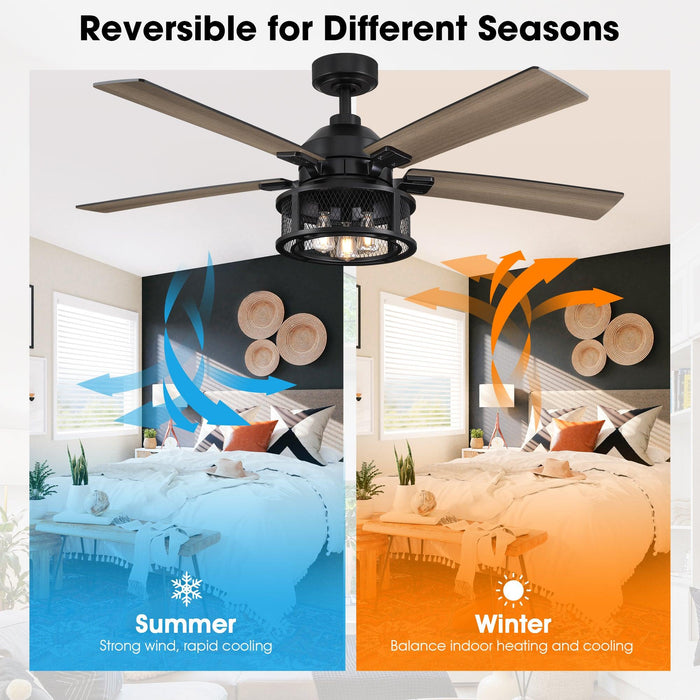 52" Lucknow Industrial Black Reversible Ceiling Fan with Lighting and Remote Control - Sweatfully