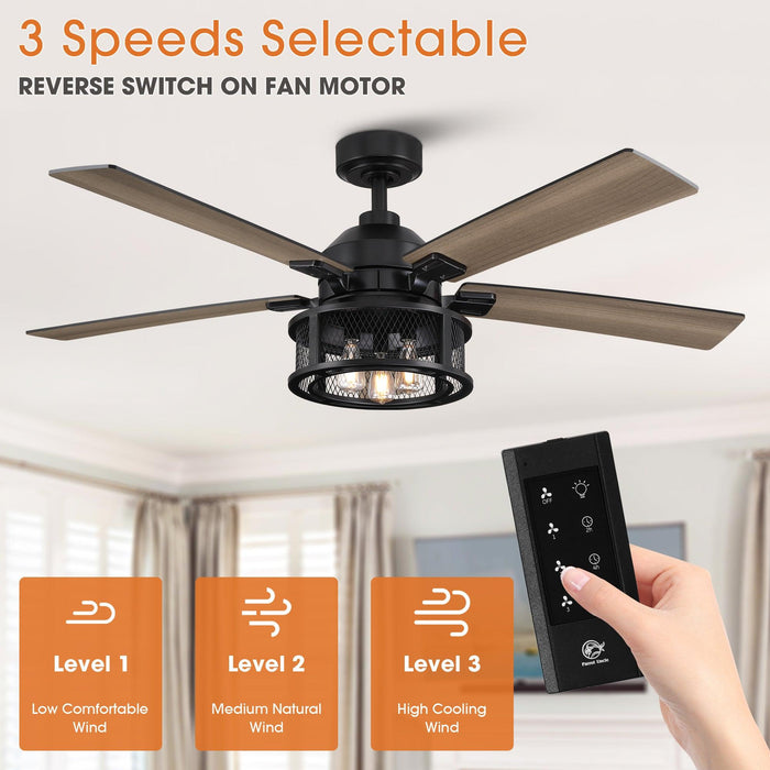 52" Lucknow Industrial Black Reversible Ceiling Fan with Lighting and Remote Control - Sweatfully