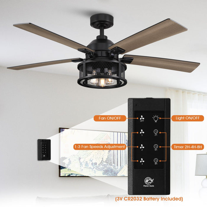 52" Lucknow Industrial Black Reversible Ceiling Fan with Lighting and Remote Control - Sweatfully