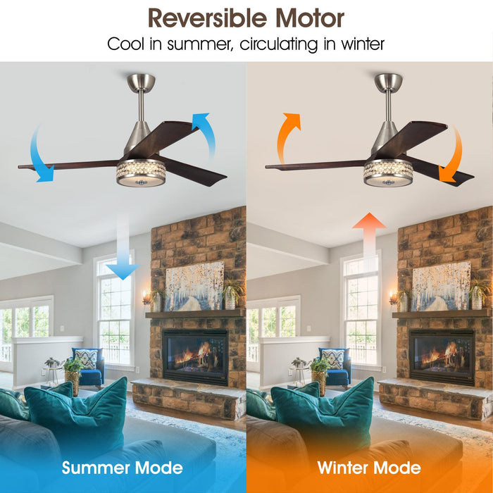 52" Farmhouse Satin Nickel Downrod Mount Reversible Crystal Ceiling Fan with Lighting and Remote Control - Sweatfully