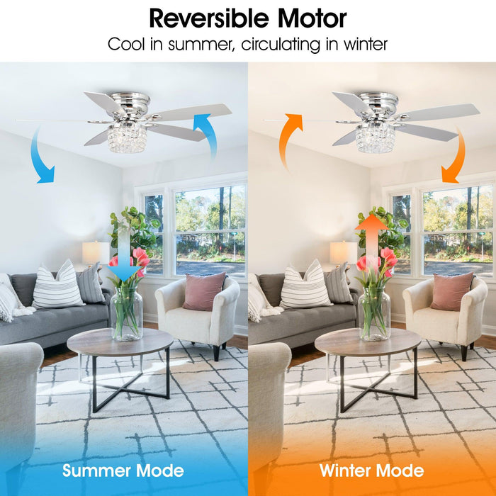 52" Panipat Modern Chrome Flush Mount Reversible Crystal Ceiling Fan with Lighting and Remote Control - Sweatfully