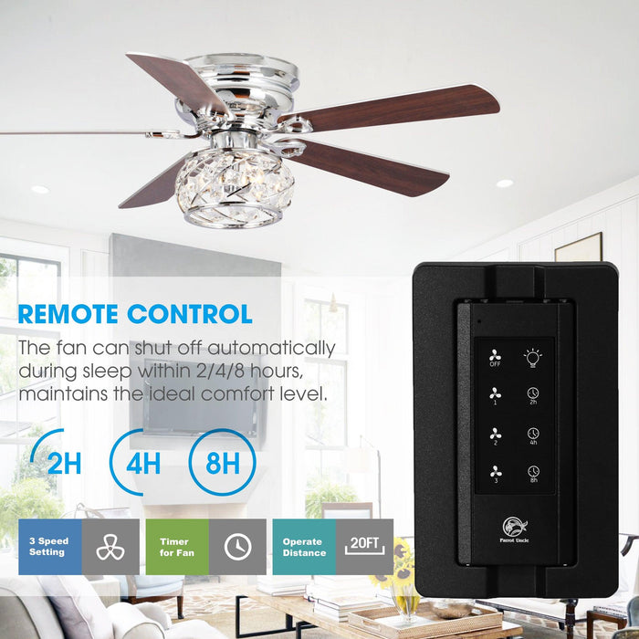 48" Modern Chrome Flush Mount Reversible Crystal Ceiling Fan with Lighting and Remote Control - Sweatfully