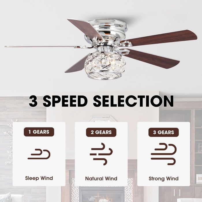 48" Modern Chrome Flush Mount Reversible Crystal Ceiling Fan with Lighting and Remote Control - Sweatfully